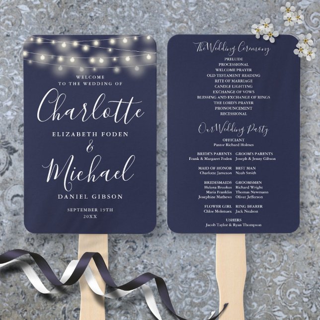 Abanico Programa de Boda con Luces de Cuerda en Azul Marin (Navy Blue String Lights Script Wedding Program Hand Fan)
