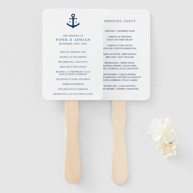 Abanico Programa de Boda con Monograma de Ancla Azul Marít (Anverso y reverso)