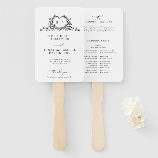 Abanico Programa de Boda con Monograma de Caligrafía Minim (Anverso y reverso)