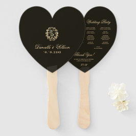 Abanico Programa de Boda con Monograma de Corona de Oro y 