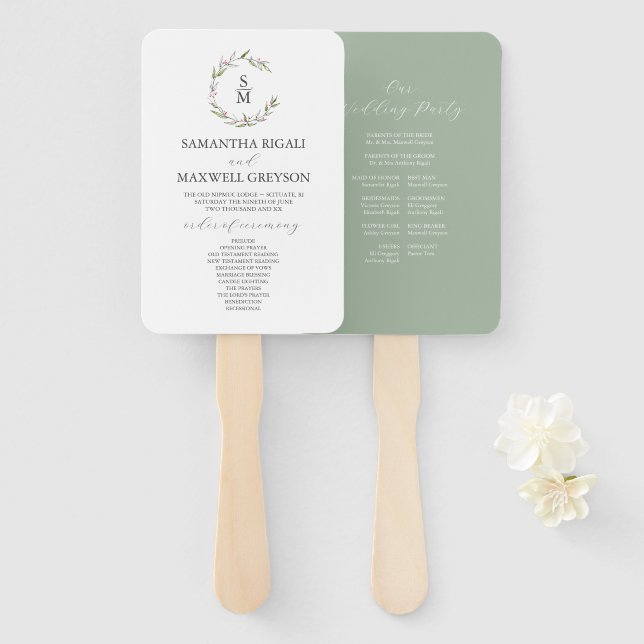 Abanico Programa de Boda con Monograma de Cresta Frondosa  (Anverso y reverso)