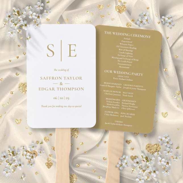 Abanico Programa de Boda con Monograma de Oro Moderno Eleg (Elegant Modern Gold Monogram Wedding Program Hand Fan)