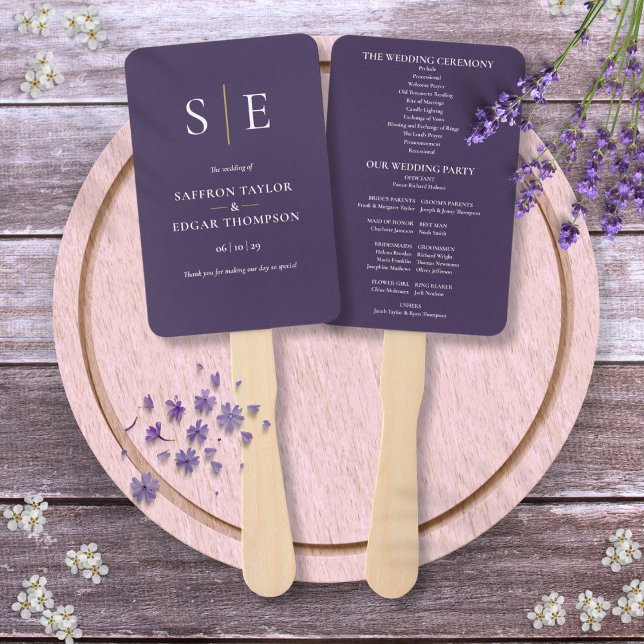 Abanico Programa de Boda con Monograma de Oro y Púrpura (Purple And Gold Monogram Wedding Program Hand Fan)