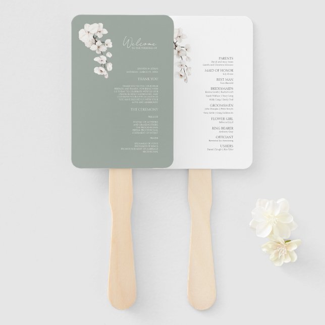 Abanico Programa de Boda con Orquídea Blanca Verde Salvia  (Anverso y reverso)