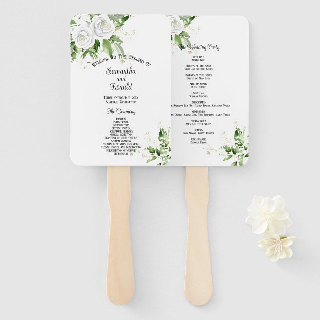 Abanico Programa de Boda con Rosas Blancas y Aliento de Be (Anverso y reverso)