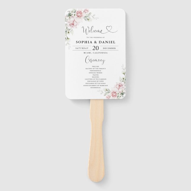 Abanico Programa de Boda con Rosas Rosadas a Mano (Anverso)
