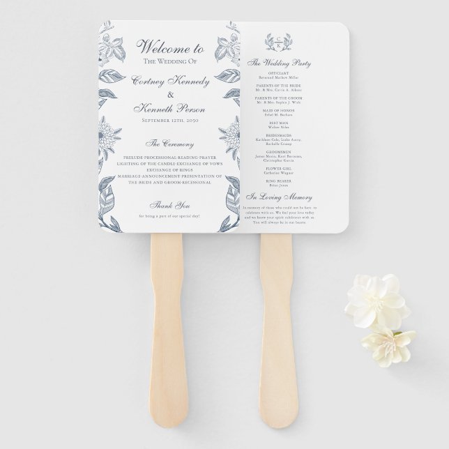 Abanico Programa de Boda con Toile Francés Cresta Azul Mon (Anverso y reverso)
