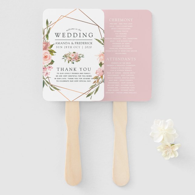 Abanico Programa de Boda con Toque Geométrico Rosa y Dorad (Anverso y reverso)