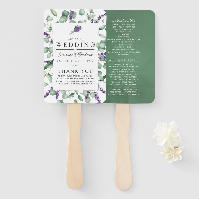 Abanico Programa de Boda con Vegetación de Eucalipto y Lav (Anverso y reverso)