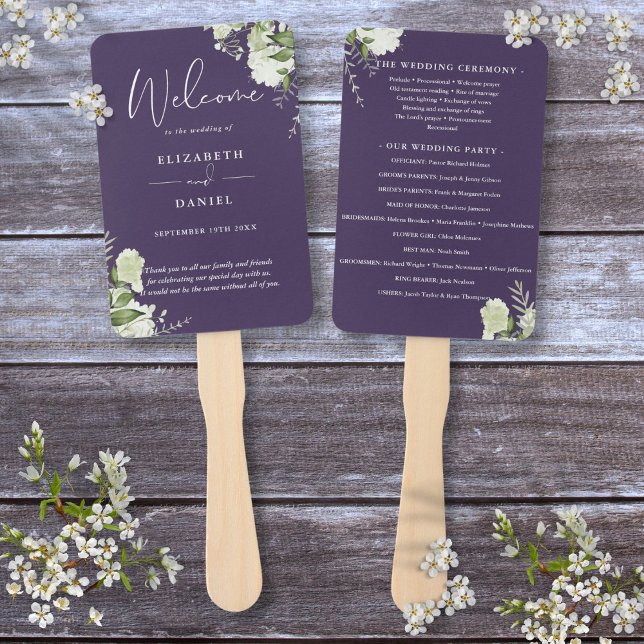Abanico Programa de Boda con Vegetación Floral Púrpura (Purple Floral Greenery Wedding Program Hand Fan)