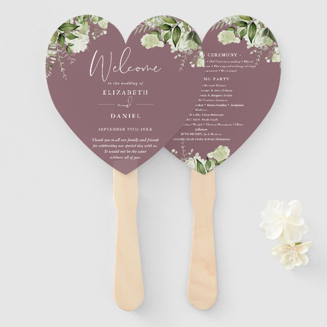 Abanico Programa de Boda con Vegetación Mauve Corazón (Anverso y reverso)