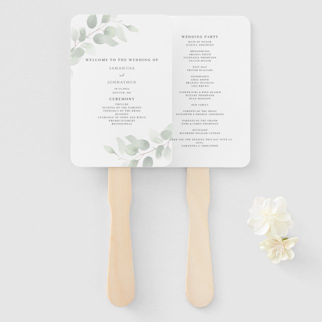 Abanico Programa de Boda con Verde de Eucalipto  (Anverso y reverso)