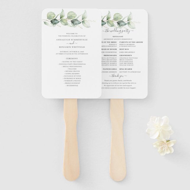 Abanico Programa de Boda con Verde de Eucalipto Botánico (Anverso y reverso)