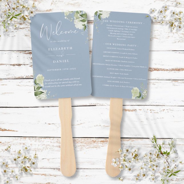 Abanico Programa de Boda con Verde Floral Azul Polvoriento (Dusty Blue Floral Greenery Wedding Program Hand Fan)