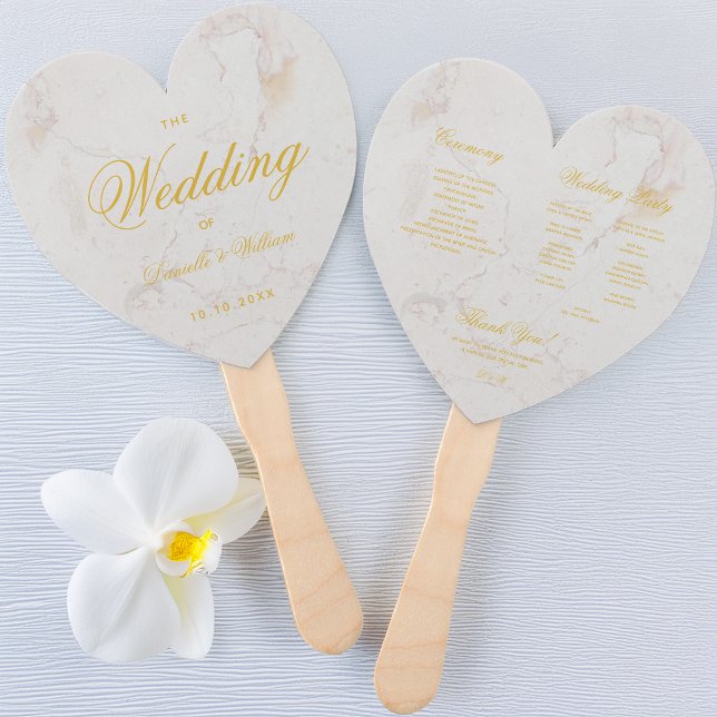 Abanico Programa de Boda Corazón Caligrafía Mármol Dorado (Subido por el creador)