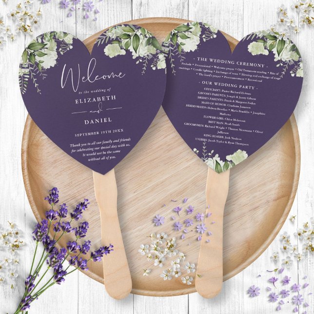 Abanico Programa de Boda Corazón Verde Púrpura (Purple Greenery Wedding Program Heart Hand Fan)