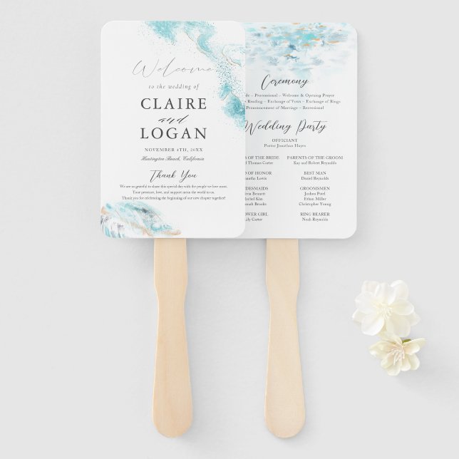 Abanico Programa de Boda Costera con Olas Azules Salpicada (Anverso y reverso)