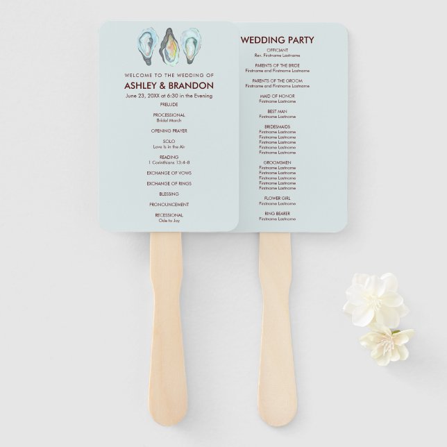 Abanico Programa de Boda Costera de Ostras (Anverso y reverso)