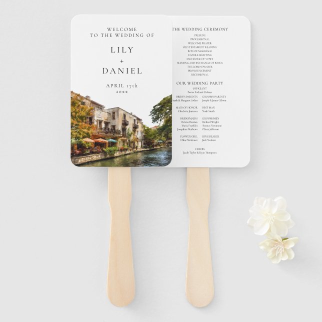 Abanico Programa de boda de acuarela de San Antonio (Anverso y reverso)