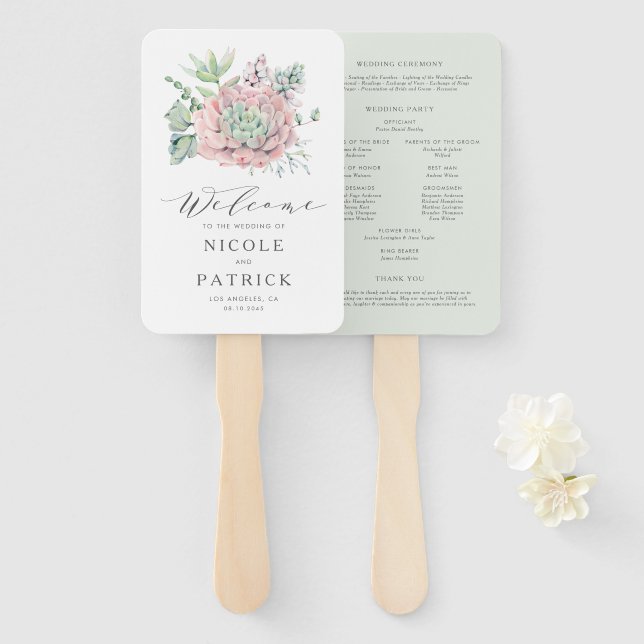 Abanico Programa de Boda de Acuarela Pastel Suculentas (Anverso y reverso)