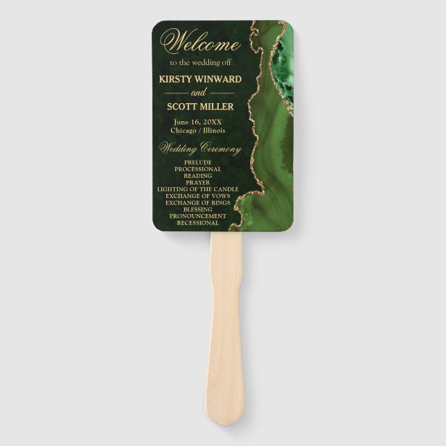 Abanico Programa de Boda de Agata con Brillo Falso Verde y (Anverso)