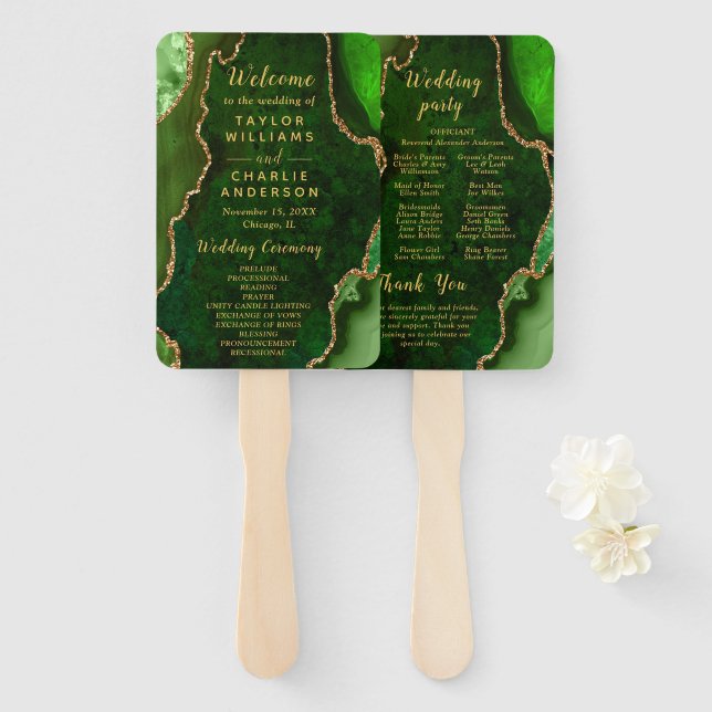 Abanico Programa de Boda de Ágata Verde y Dorada (Anverso y reverso)