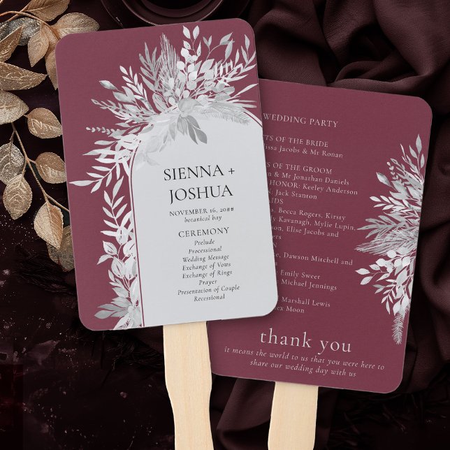 Abanico Programa de Boda de Arco Botánico Elegante de Borg (Program fans in burgundy and grey from the Foliage Duet Collection by Darling & May)