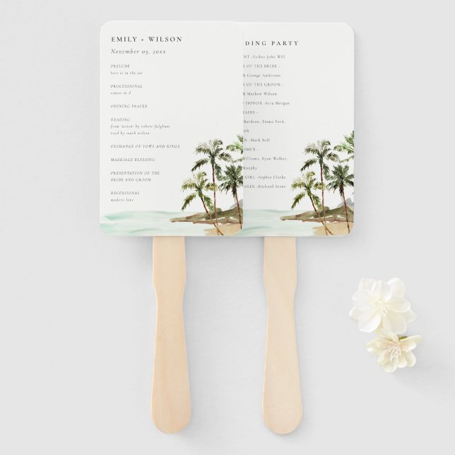 Abanico Programa de Boda de Arena y Palmeras Tropicales (Anverso y reverso)
