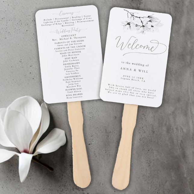 Abanico Programa de Boda de Arte Blanco Negro de Magnolia  (Magnolia Wedding Program Hand Fan Black and White Art Elegant Modern Classic)