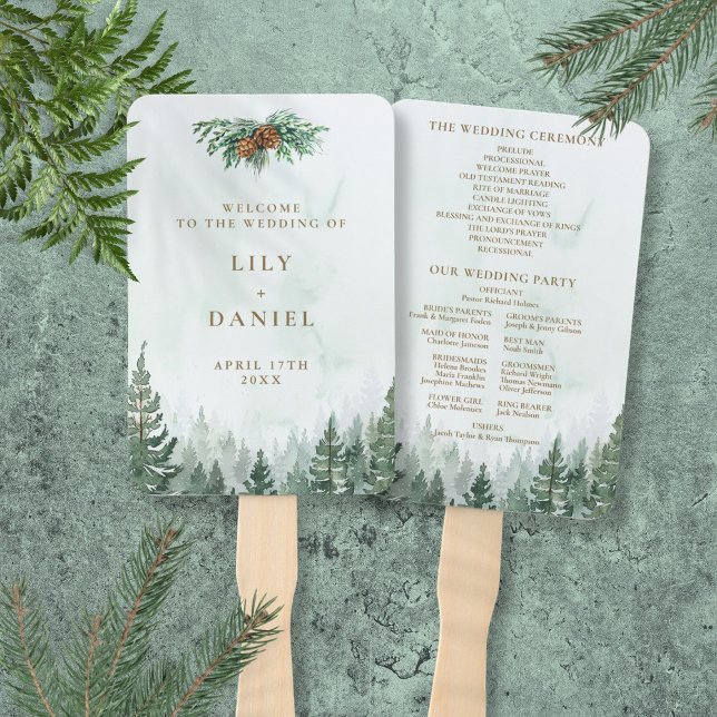 Abanico Programa de Boda de Bosque de Pino con Acuarela Rú (Rustic Watercolor Pine Forest Wedding Program Hand Fan)