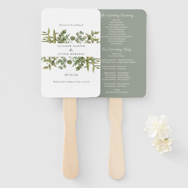 Abanico Programa de Boda de Bosque Eucalyptus Greenery (Anverso y reverso)