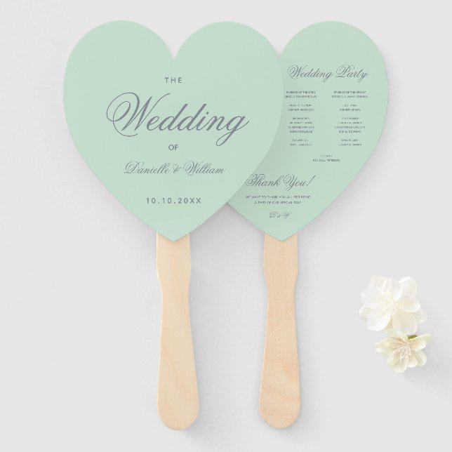 Abanico Programa de Boda de Corazón de Caligrafía Gris Ver (Anverso y reverso)