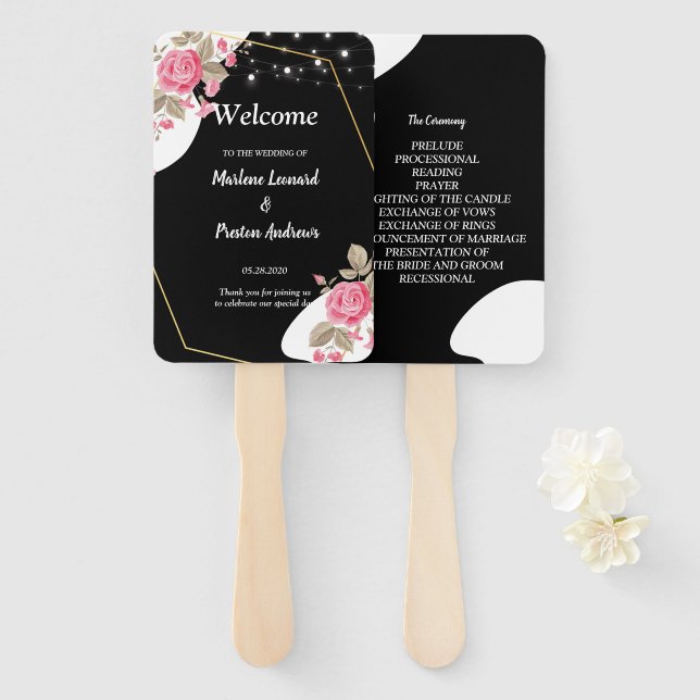 Abanico Programa de Boda de Cuerda Floral Rosa de Eleganci (Anverso y reverso)