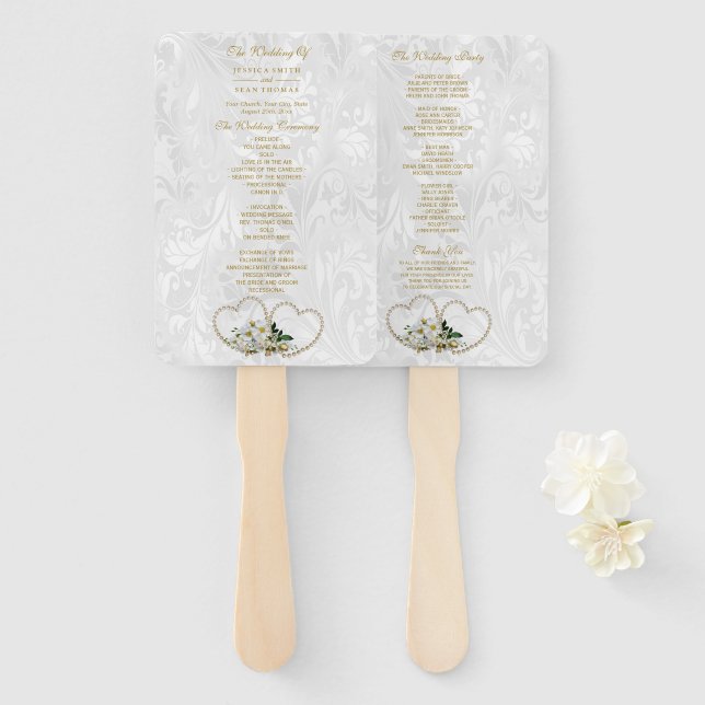 Abanico Programa de Boda de Damasco Pearl Hearts & Flowers (Anverso y reverso)