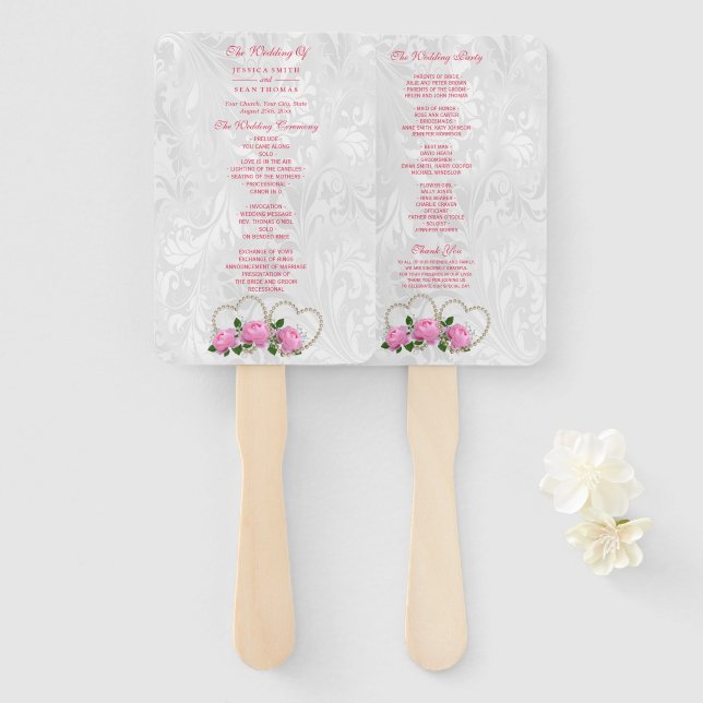 Abanico Programa de Boda de Damasco Pearl Hearts & Roses (Anverso y reverso)