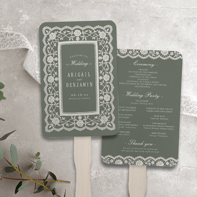 Abanico Programa de Boda de Encaje Floral Verde Salvia Vin (Sage Green Floral Vintage Lace Wedding Program Hand Fan)