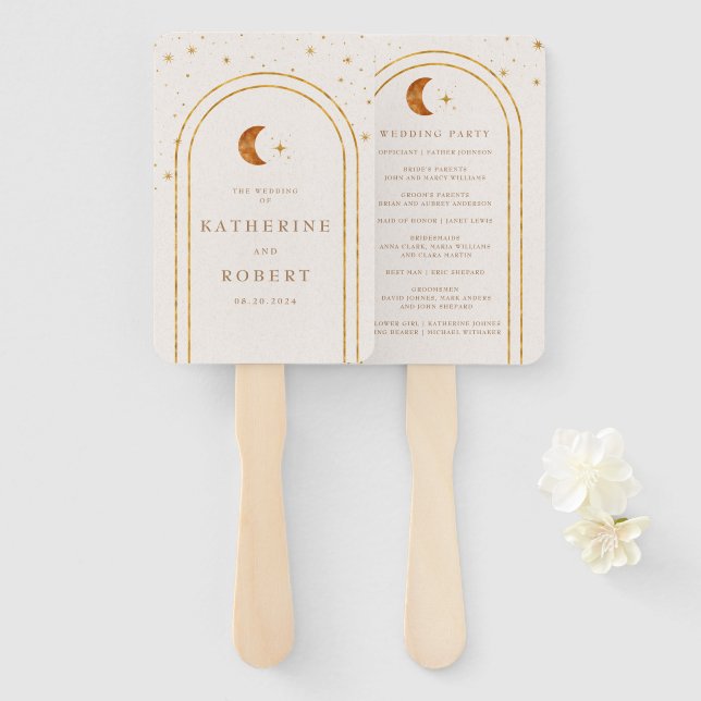 Abanico Programa de Boda de Estrellas de Luna Celestiales  (Anverso y reverso)