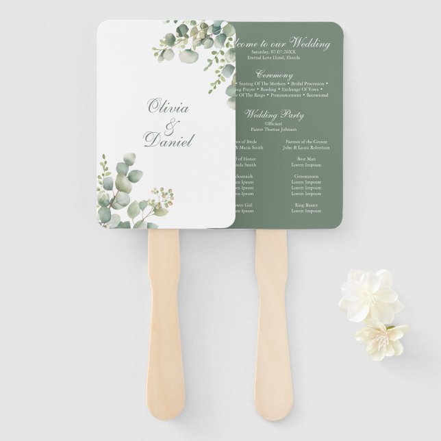 Abanico Programa de Boda de Eucalipto de Greenery Moderna (Anverso y reverso)