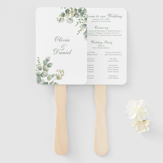 Abanico Programa de Boda de Eucalipto de Greenery Moderna (Anverso y reverso)