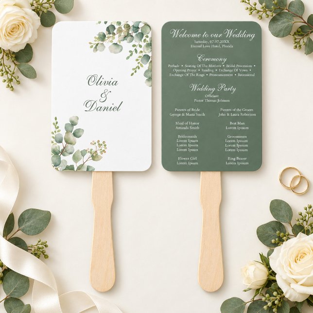 Abanico Programa de Boda de Eucalipto de Vegetación Modern (Modern Greenery Eucalyptus Wedding Program Hand Fan)