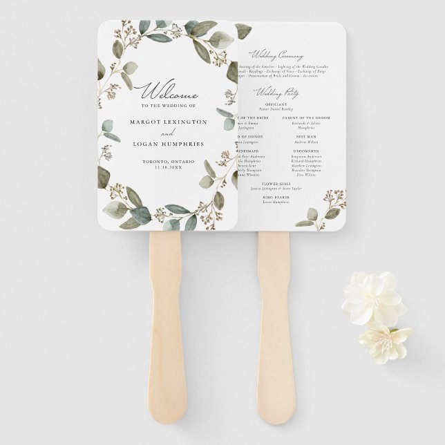 Abanico Programa de Boda de Eucalipto Sembrado con Acuarel (Anverso y reverso)