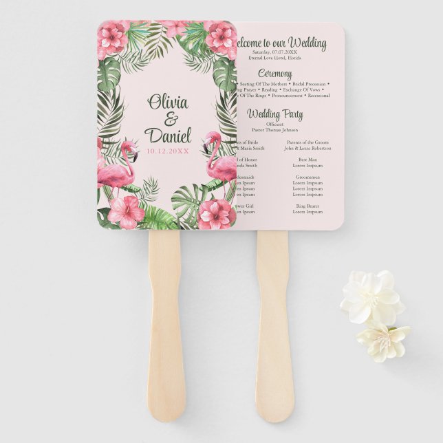 Abanico Programa de Boda de Flamenco Tropical con Acuarela (Anverso y reverso)