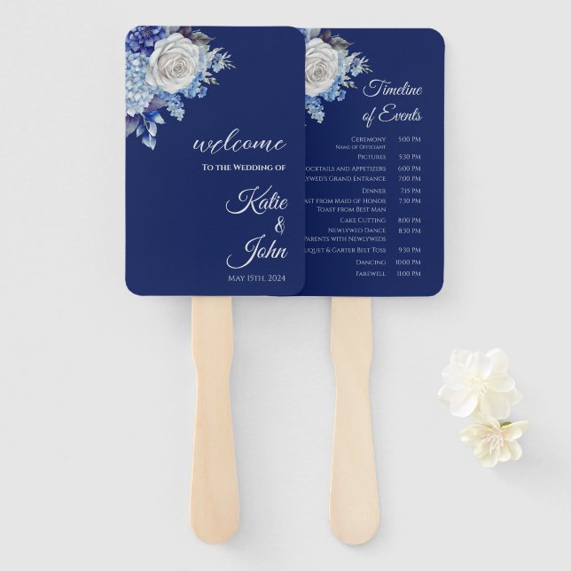 Abanico Programa de Boda de Flor Azul con acuarela - (Anverso y reverso)