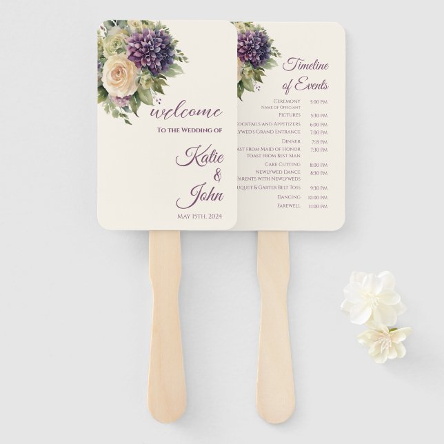 Abanico Programa de Boda de Flor Púrpura de Acuarela - (Anverso y reverso)