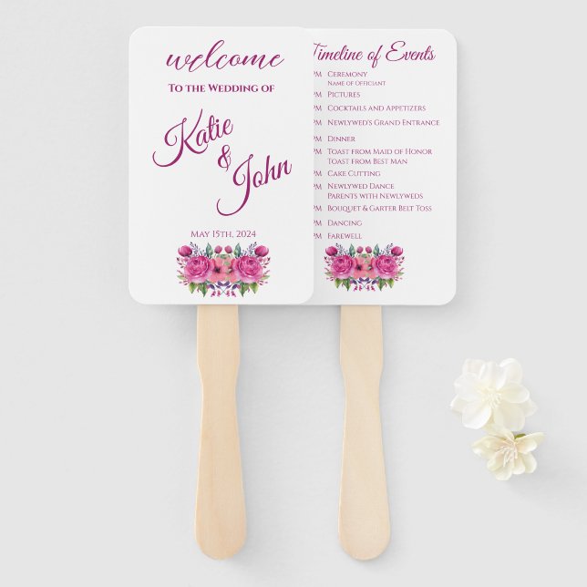 Abanico Programa de Boda de Flor Rosa de Acuarela - (Anverso y reverso)