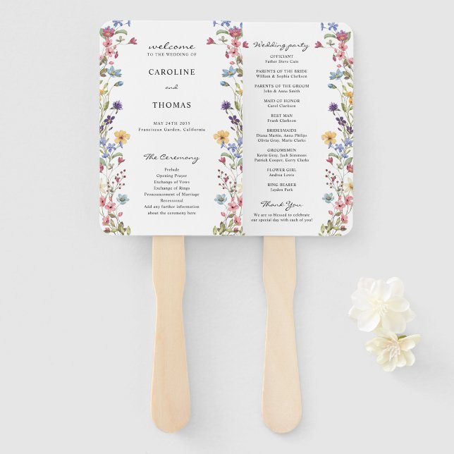 Abanico Programa de Boda de Flor Silvestre Salvaje y Capri (Anverso y reverso)