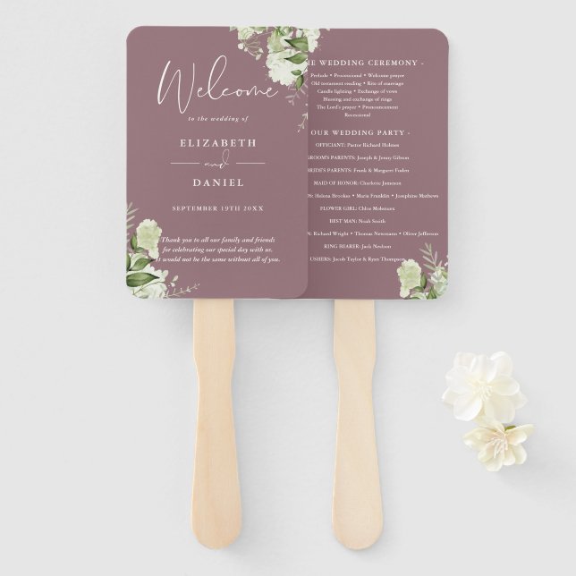 Abanico Programa de Boda de Floral Verde Malva (Anverso y reverso)