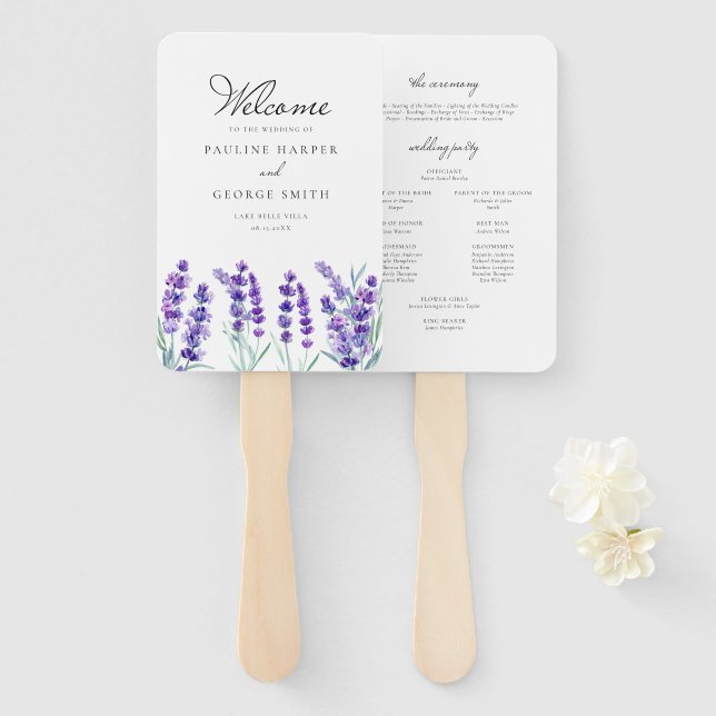 Abanico Programa de Boda de Flores de Lavanda Acuarela (Anverso y reverso)