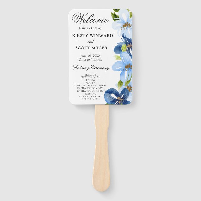 Abanico Programa de Boda de Flores de Verano Azul y Azul M (Anverso)