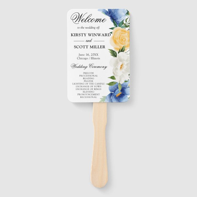 Abanico Programa de Boda de Flores de Verano Azules y Amar (Anverso)